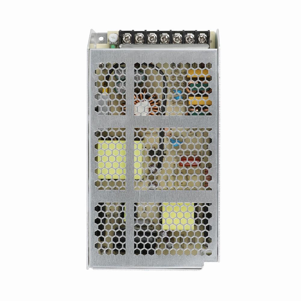 An industrial power supply with a metal case and a honeycomb pattern of ventilation holes on all sides.