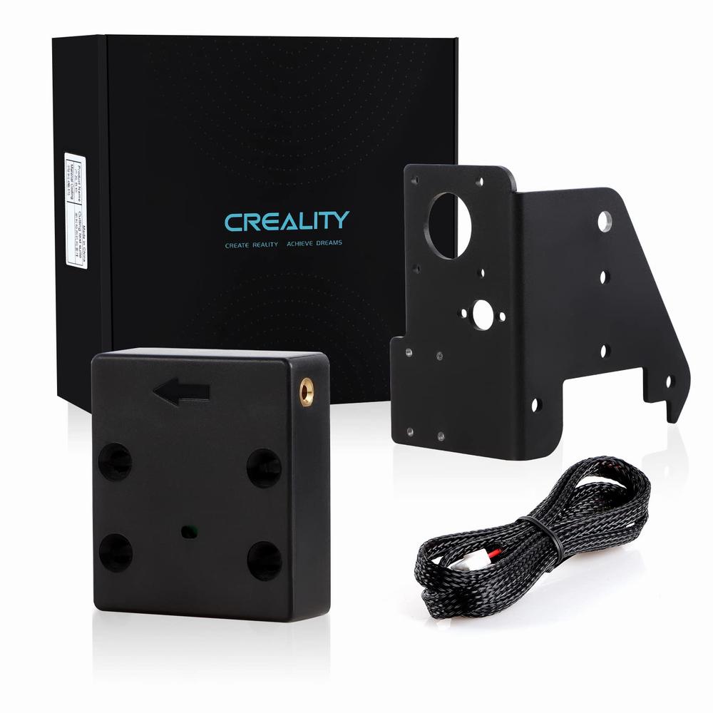 The image shows a black box with a Creality logo and a smaller black box with a ribbon cable attached to it.