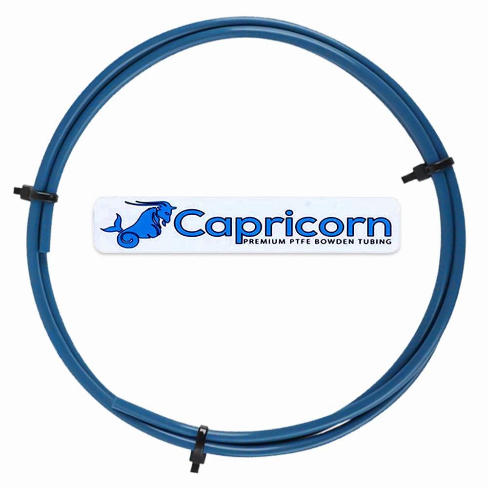 A blue Capricorn Bowden tubing, labeled with the company name and Premium PTFE Bowden Tubing.