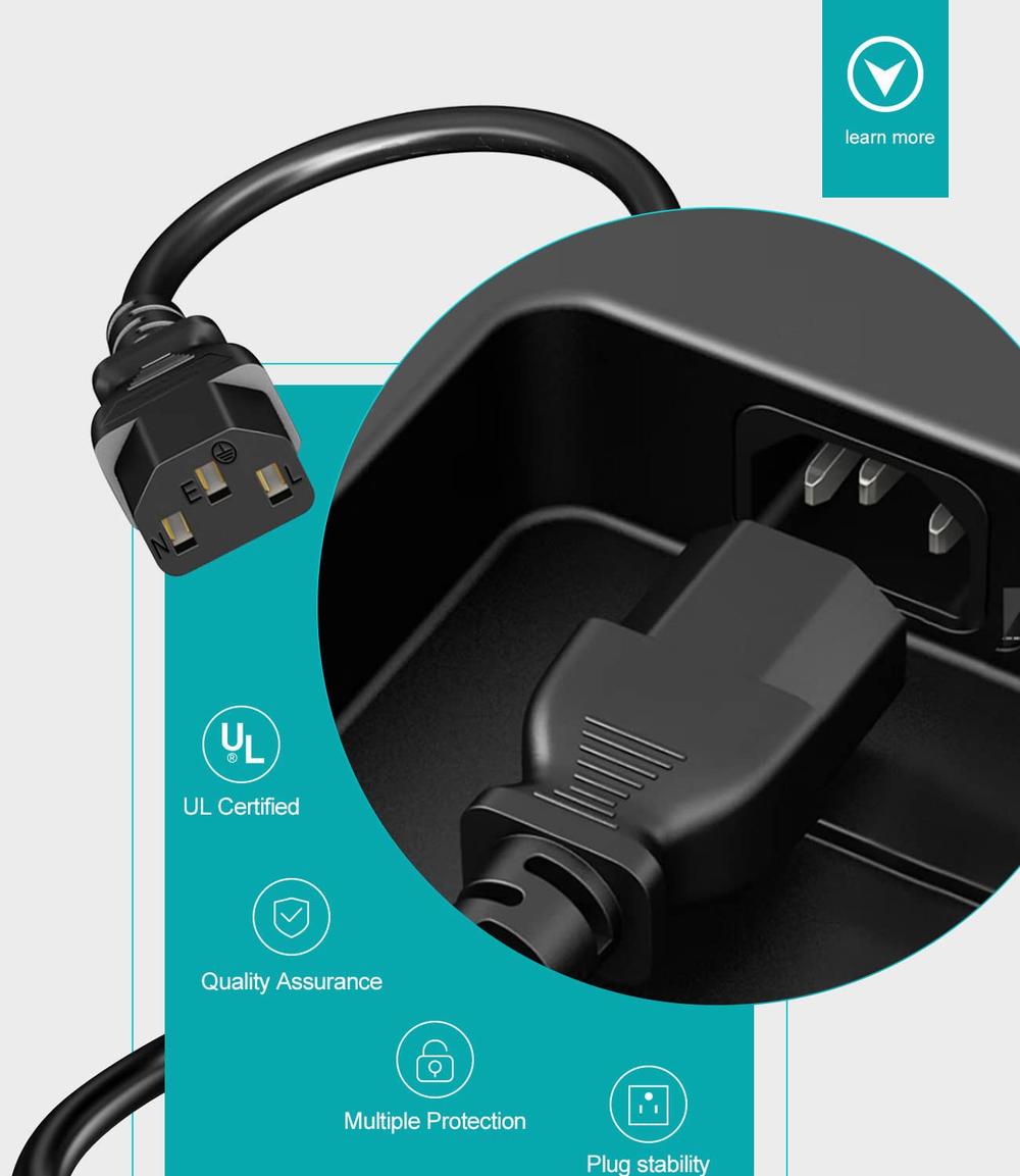 A black power cord with a three-pronged plug on one end and a C13 connector on the other end.