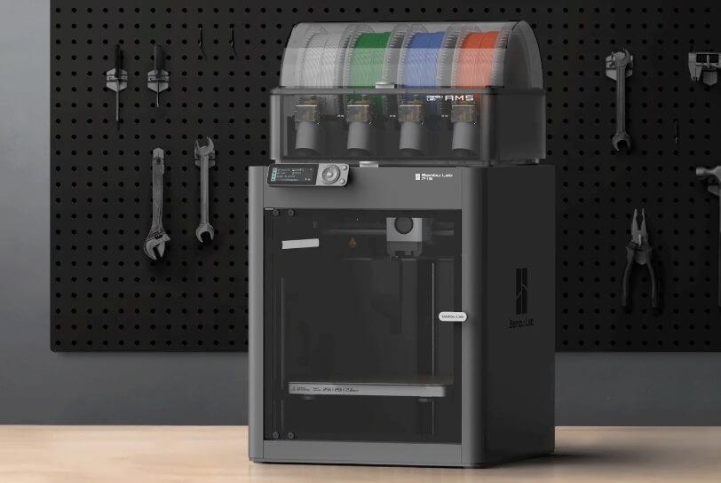 A 3D printer with a large build volume and a filament management system.