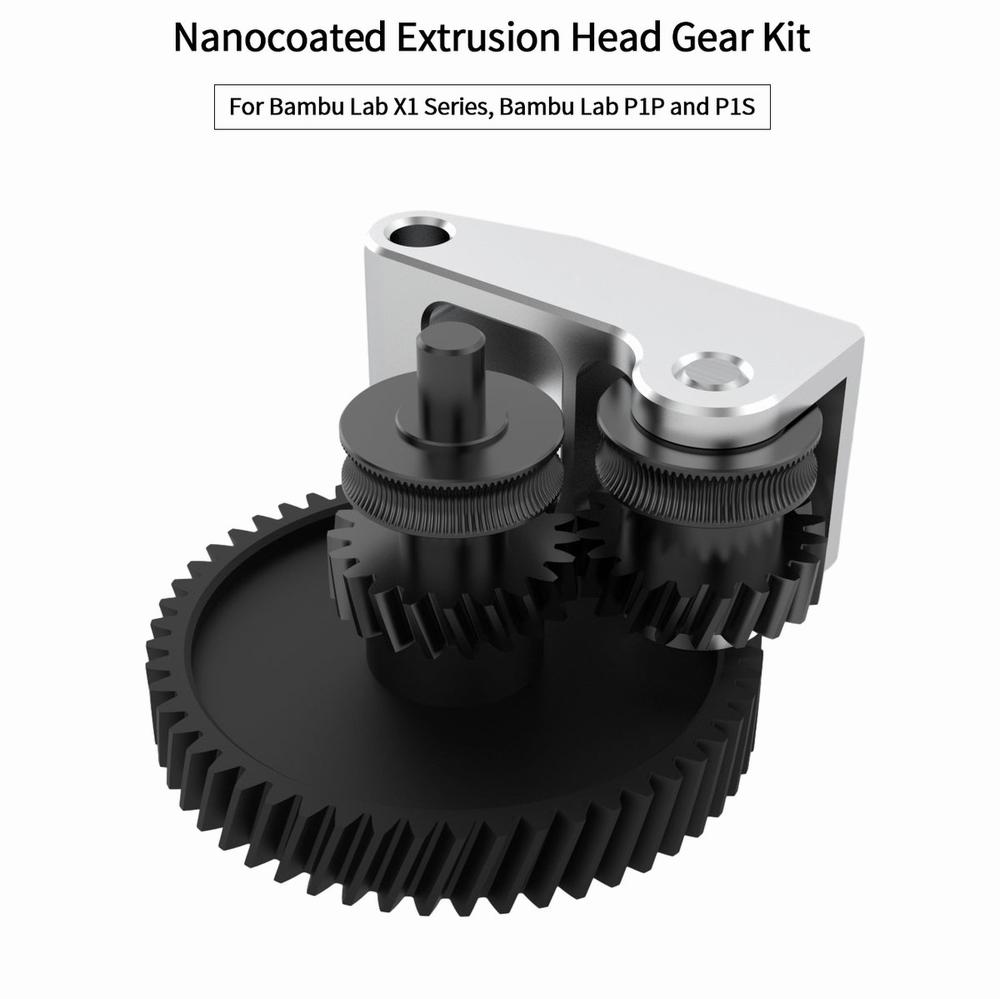 A product image of a metal extruder gear kit with two black gears and a silver body.