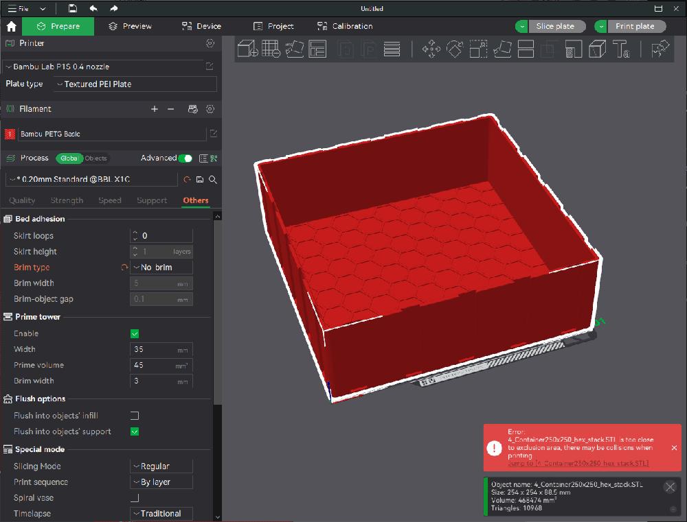 Screenshot of 3D print software showing a 3D model of a container with a textured PEI plate and other print settings.
