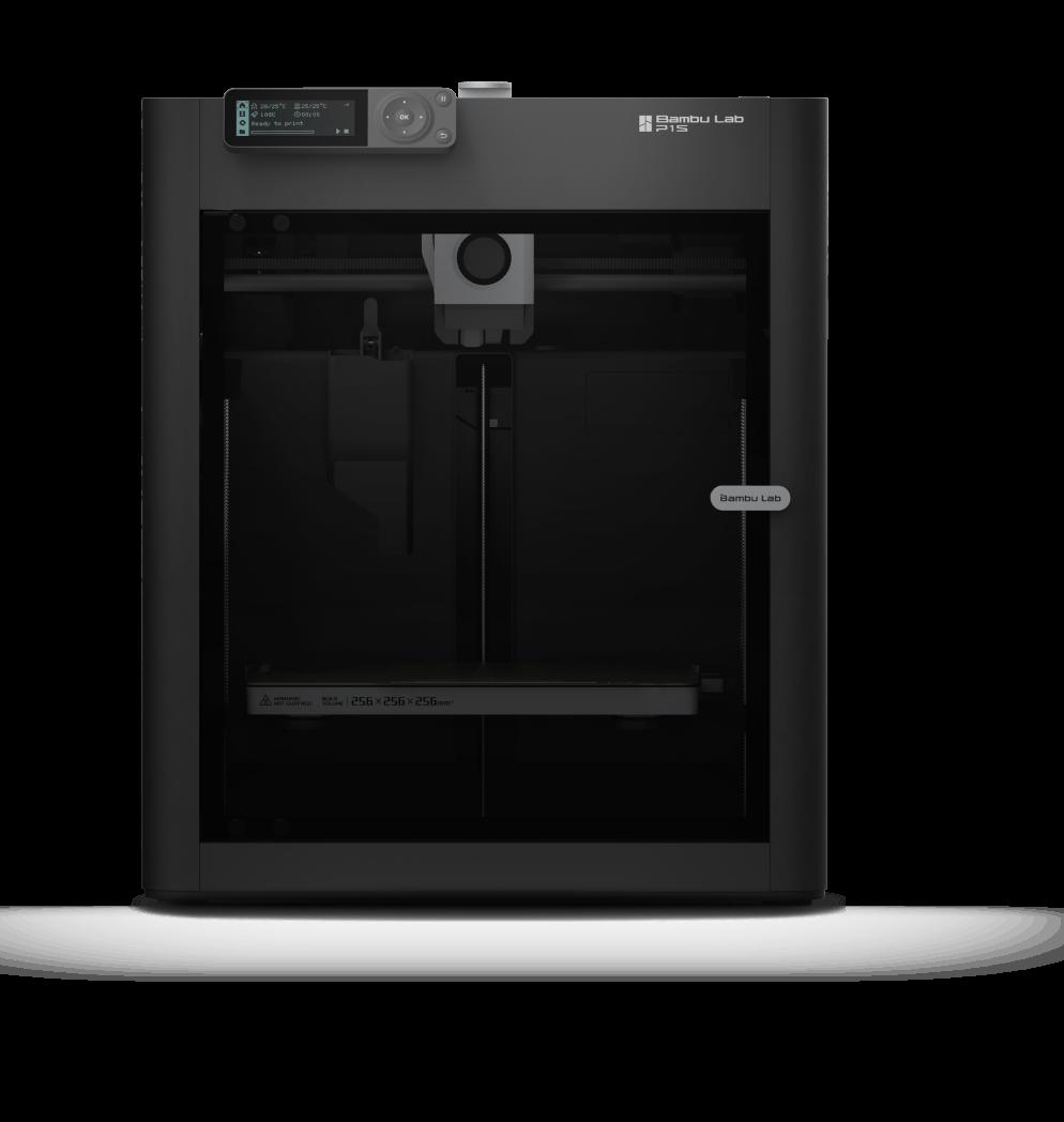 A black and gray 3D printer with a large build volume and a touchscreen display.
