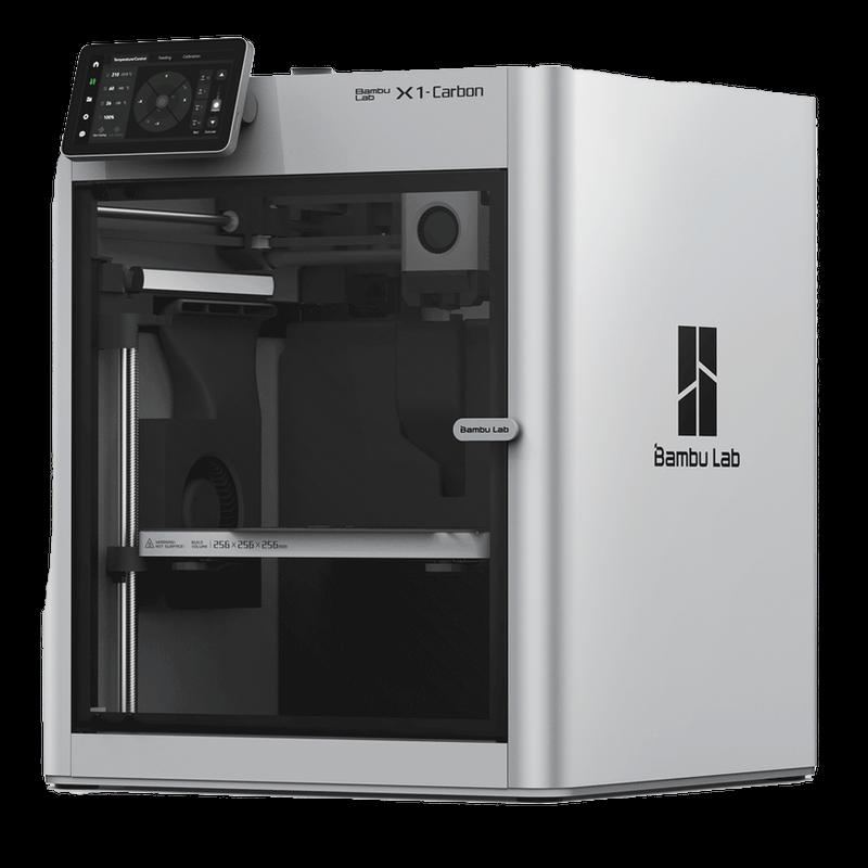 The image shows a white and gray 3D printer with a large build volume and a touchscreen display.