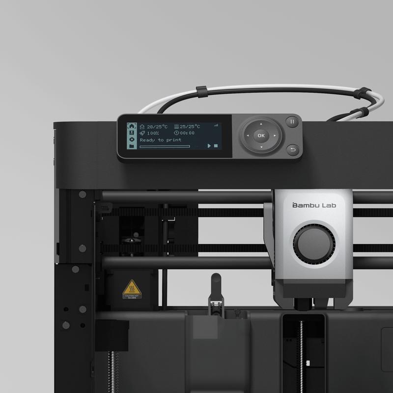 A 3D printer with a touchscreen display showing it is ready to print.
