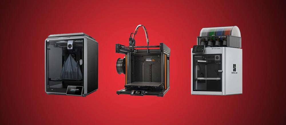Three different models of 3D printers against a red background.