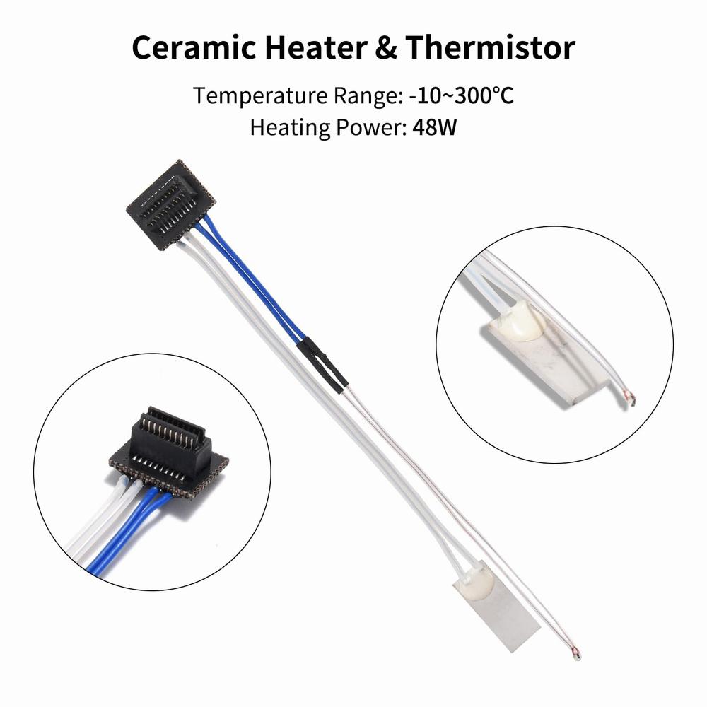 A ceramic heater and thermistor with a temperature range of -10 to 300 degrees Celsius and a heating power of 48W.