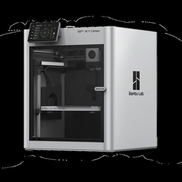 The image shows a white and gray 3D printer with a touchscreen on top and a build volume of 25.6 x 25.6 x 25.6 centimeters.
