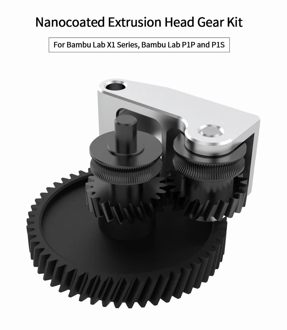 A product image of a metal extruder gear with black gears attached to it.
