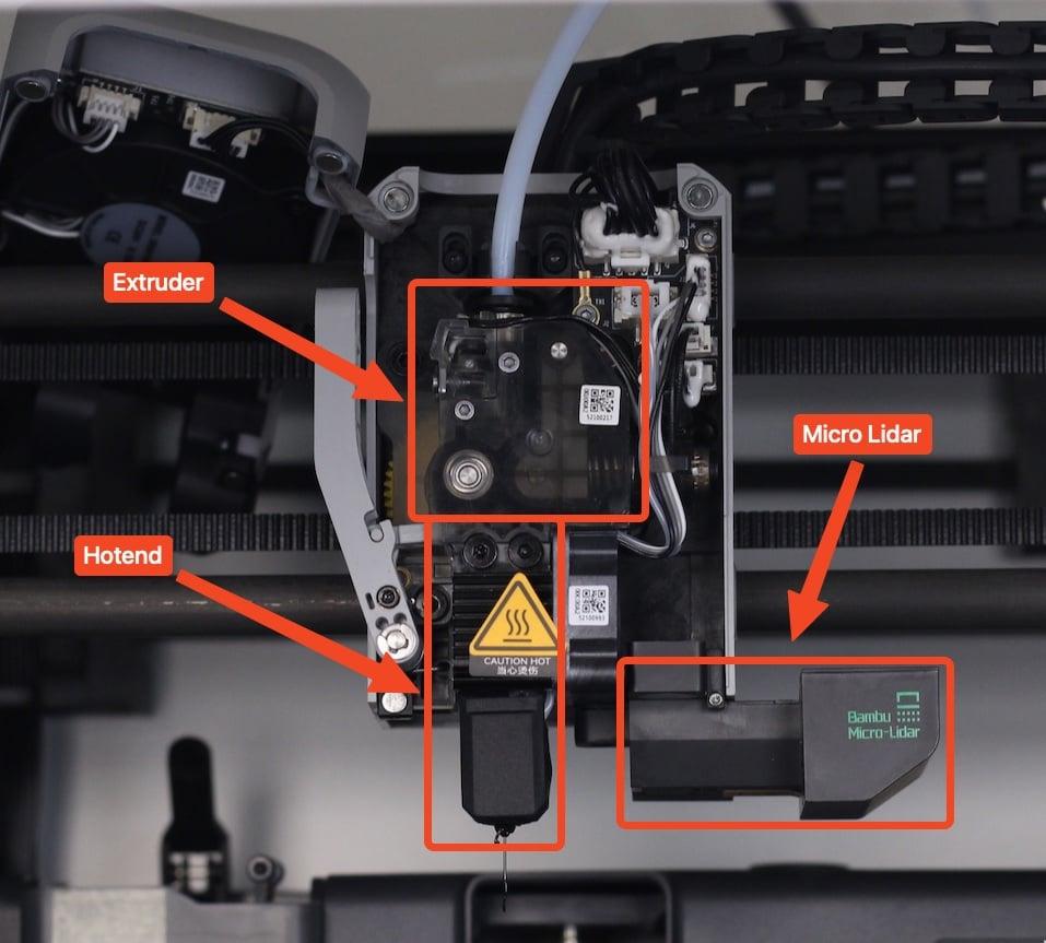 The image shows the extruder, hotend, and micro lidar components of a Bambu Lab 3D printer.