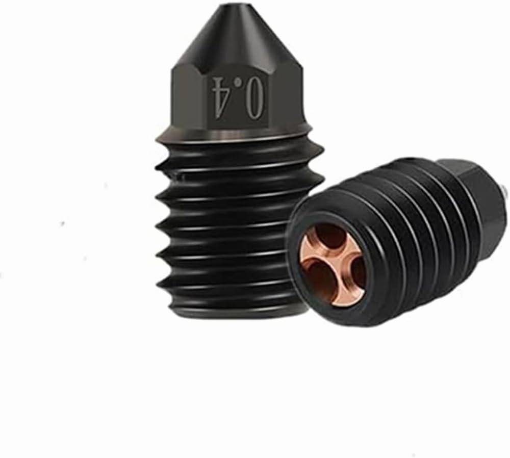 A black metal nozzle with a 0.4 mm opening and copper-colored heatbreak.