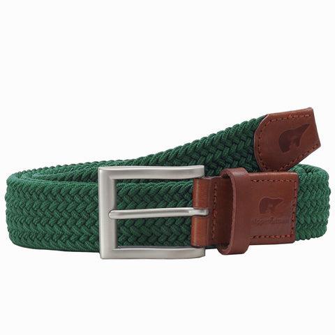 A green braided belt with a silver buckle and a brown leather tab with a bear logo.