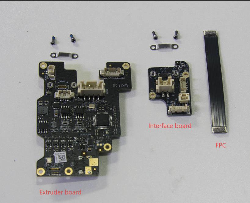 The image shows an interface board, an extruder board, screws, and a ribbon cable.