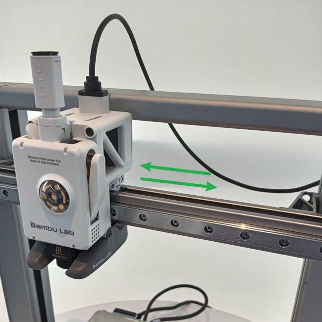 The image shows a close-up of a 3D printer with green arrows indicating the direction of movement of the print head.