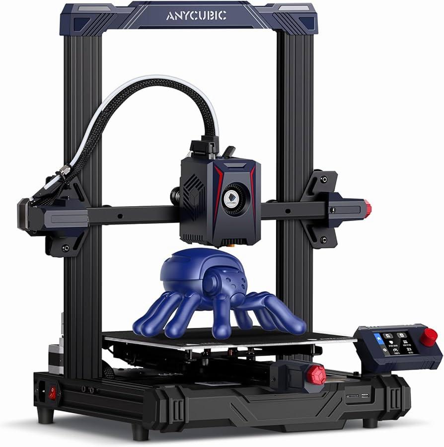 A blue 3D printer is printing a blue spider.