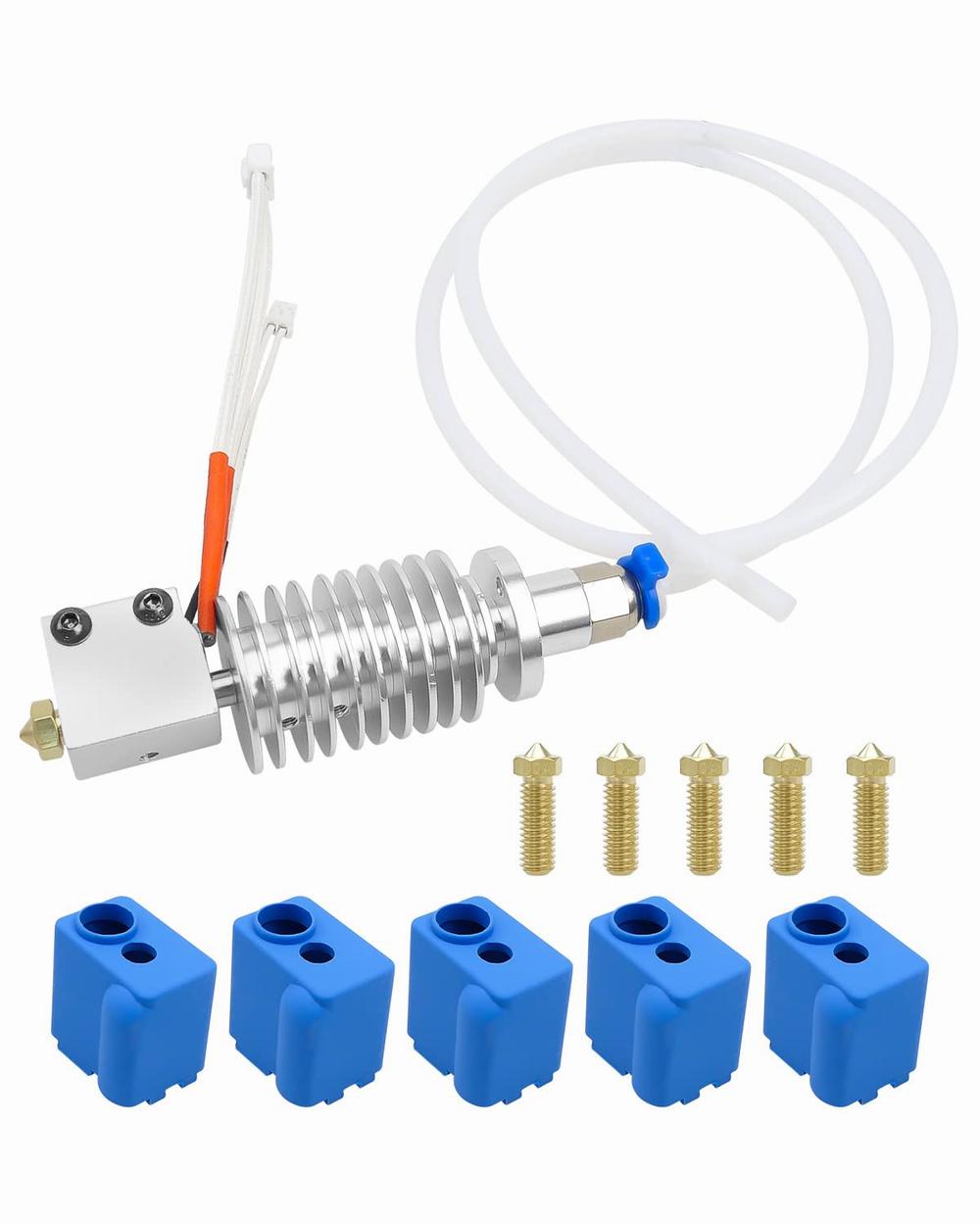 The image shows a metal extruder with a blue silicone cover and a white Bowden tube.