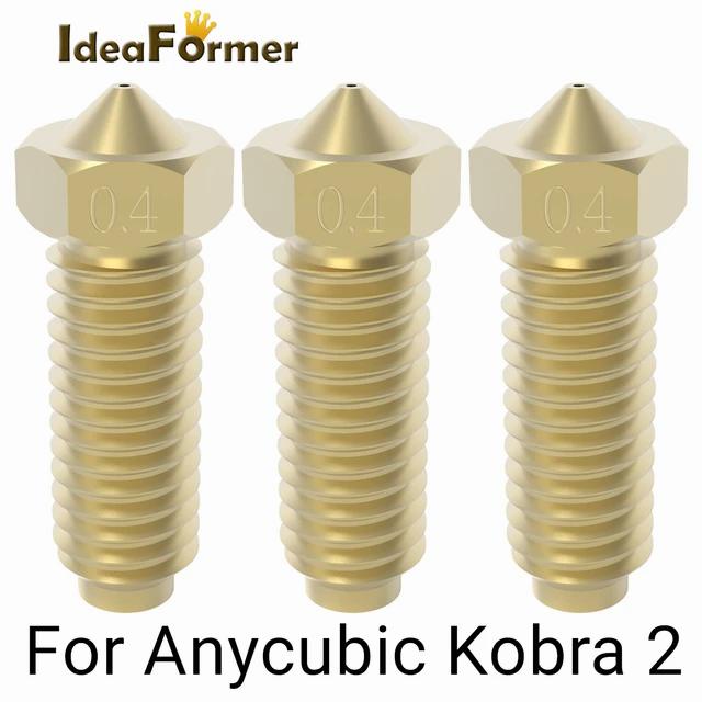 Three gold-colored nozzles for the Anycubic Kobra 2 3D printer.