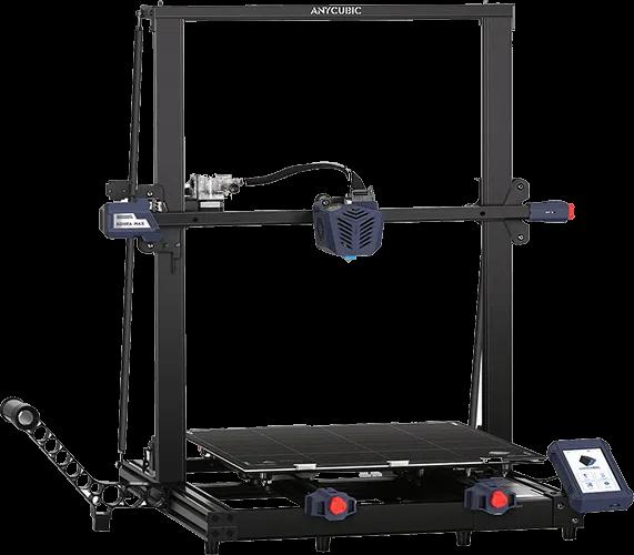 Black and blue Anycubic Mega X 3D printer with a build volume of 300 x 300 x 400 mm.