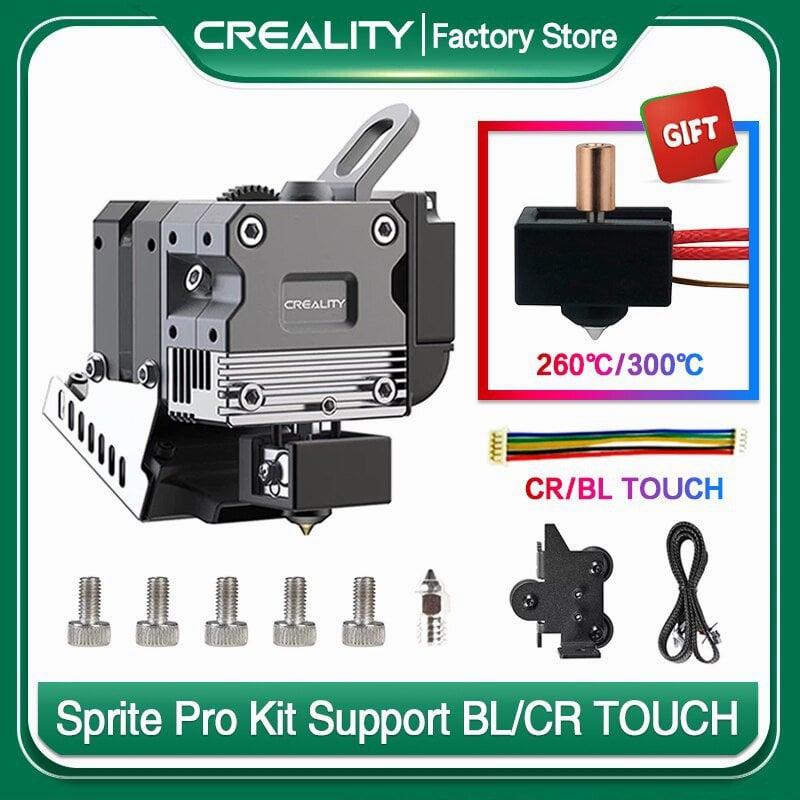The image shows a Creality Sprite Pro 3D printer hotend upgrade kit with a metal extruder and Capricorn Bowden tubing.