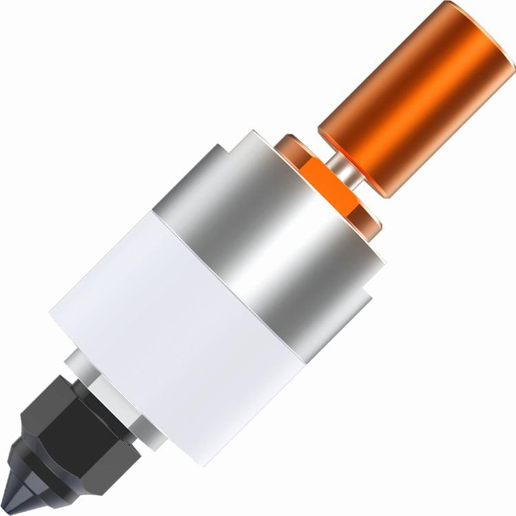 A render of a white and orange metal 3D printer hot end.