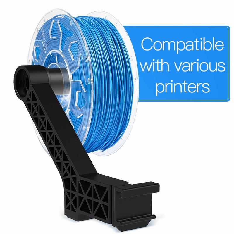 A blue spool of 3D printer filament on a black plastic holder, with text on the right reading Compatible with various printers.