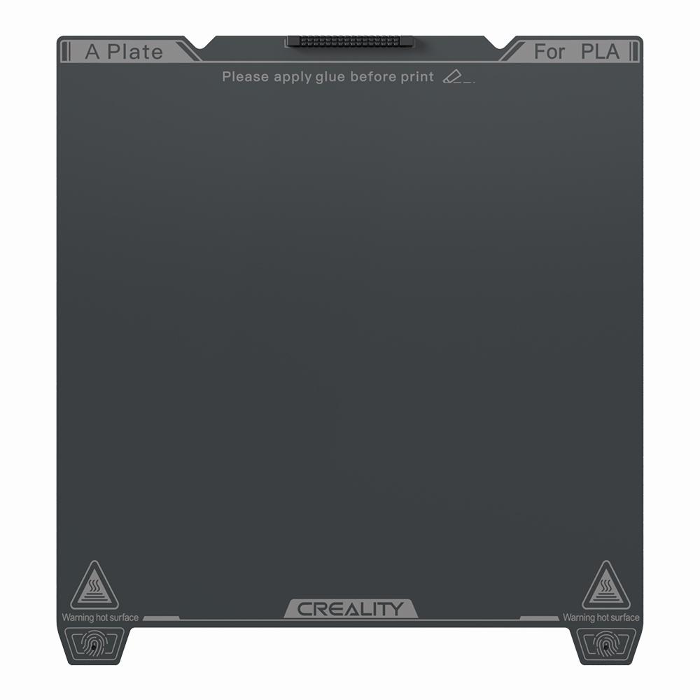 Black rectangular metal plate with a textured surface and a warning label in each corner.