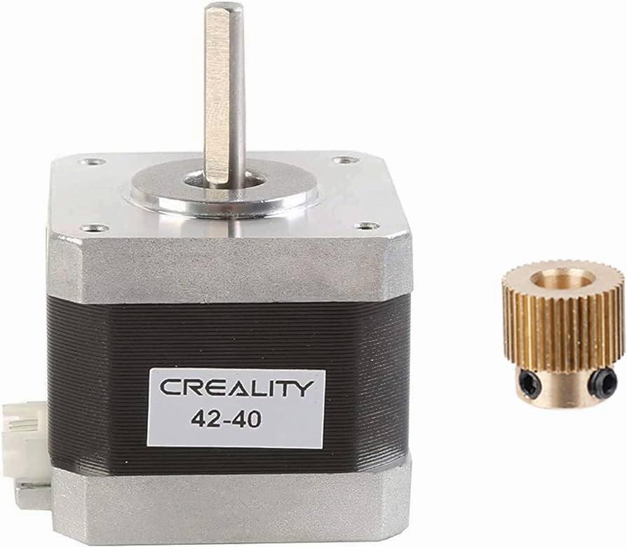 Stepper motor with brass gear, commonly used in 3D printers.