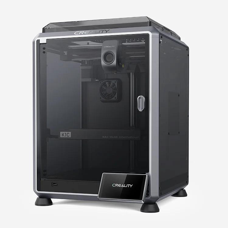 The image shows a black and gray Creality 3D printer with a large build volume.