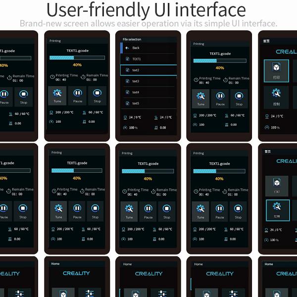 A screenshot of the user interface on the Creality 3D printer, showing the various options available to the user.