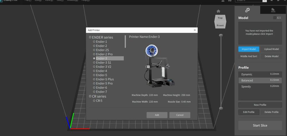 A screenshot of the Cura software, which is used to prepare 3D models for printing, showing the option to add a printer.