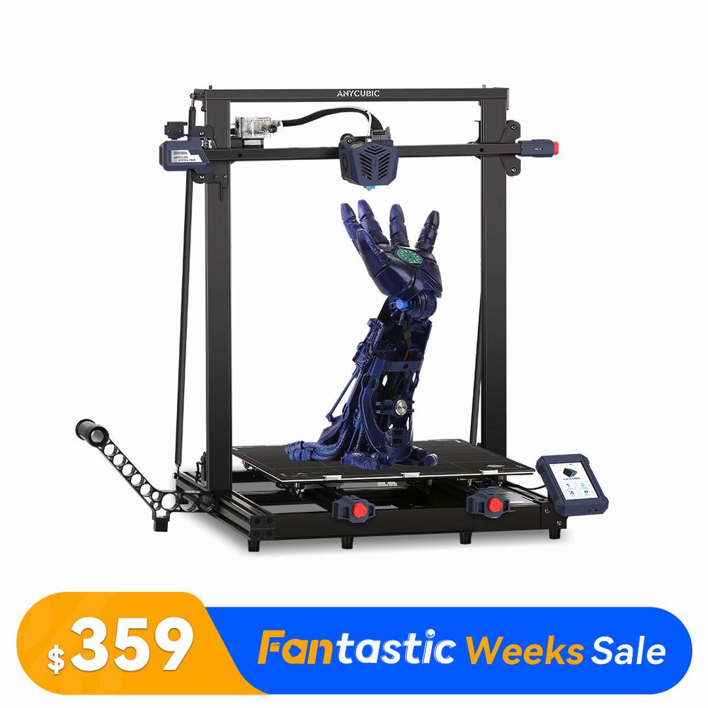 The image shows a black and blue 3D printer with a blue robotic hand model on the print bed.