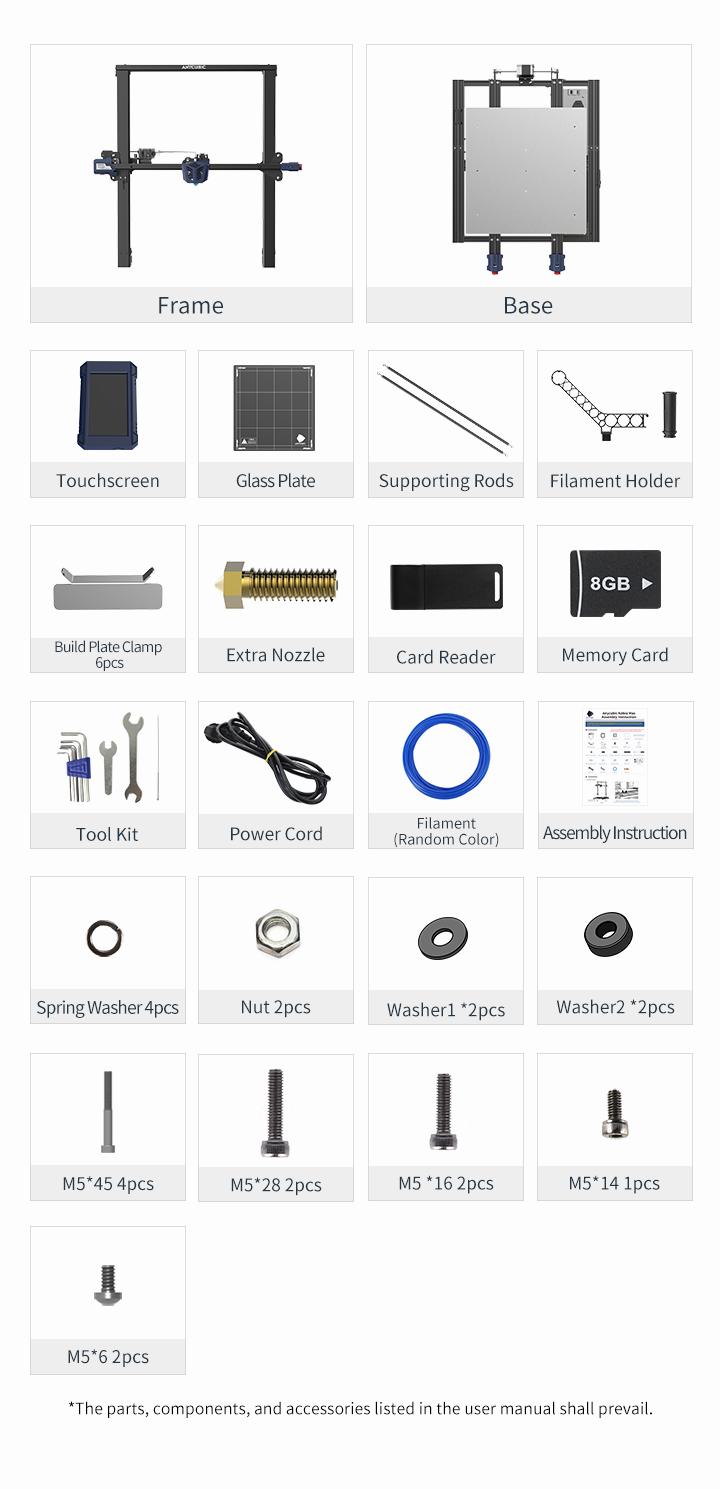 The image shows the parts and accessories included with the 3D printer, including the frame, base, touchscreen, glass plate, supporting rods, filament holder, build plate clamp, extra nozzle, card reader, memory card, filament, tool kit, power cord, assembly instruction, spring washer, nut, washer1, washer2, M5*45, M5*28, M5*16, M5*14, and M5*6.