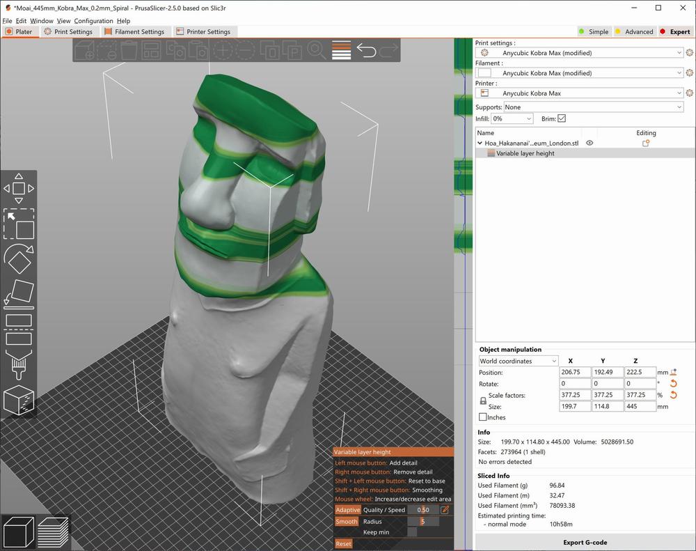 Screenshot of 3D print software showing a model of an Easter Island head.