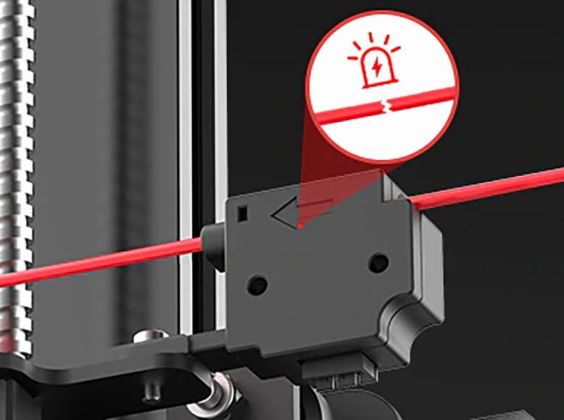 A red warning light indicates a filament runout.