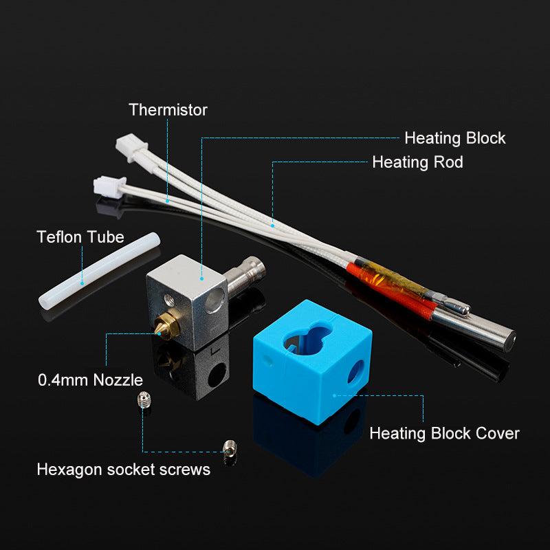 The image shows a heating block, thermistor, heating rod, teflon tube, nozzle, and other accessories for a 3D printer.