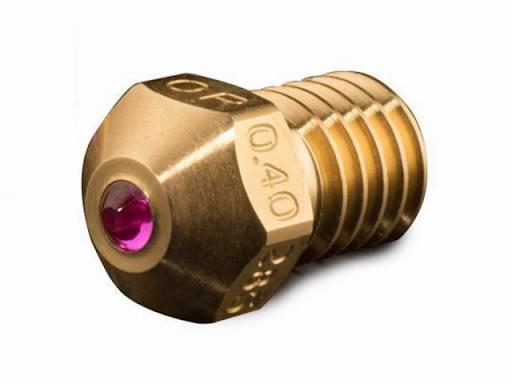 A brass nozzle with a ruby insert for 3D printers.