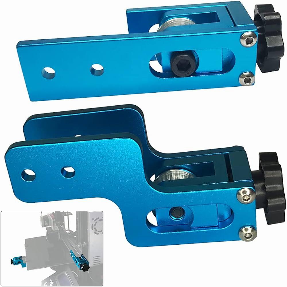 A pair of blue anodized aluminum belt tensioners for a 3D printer.