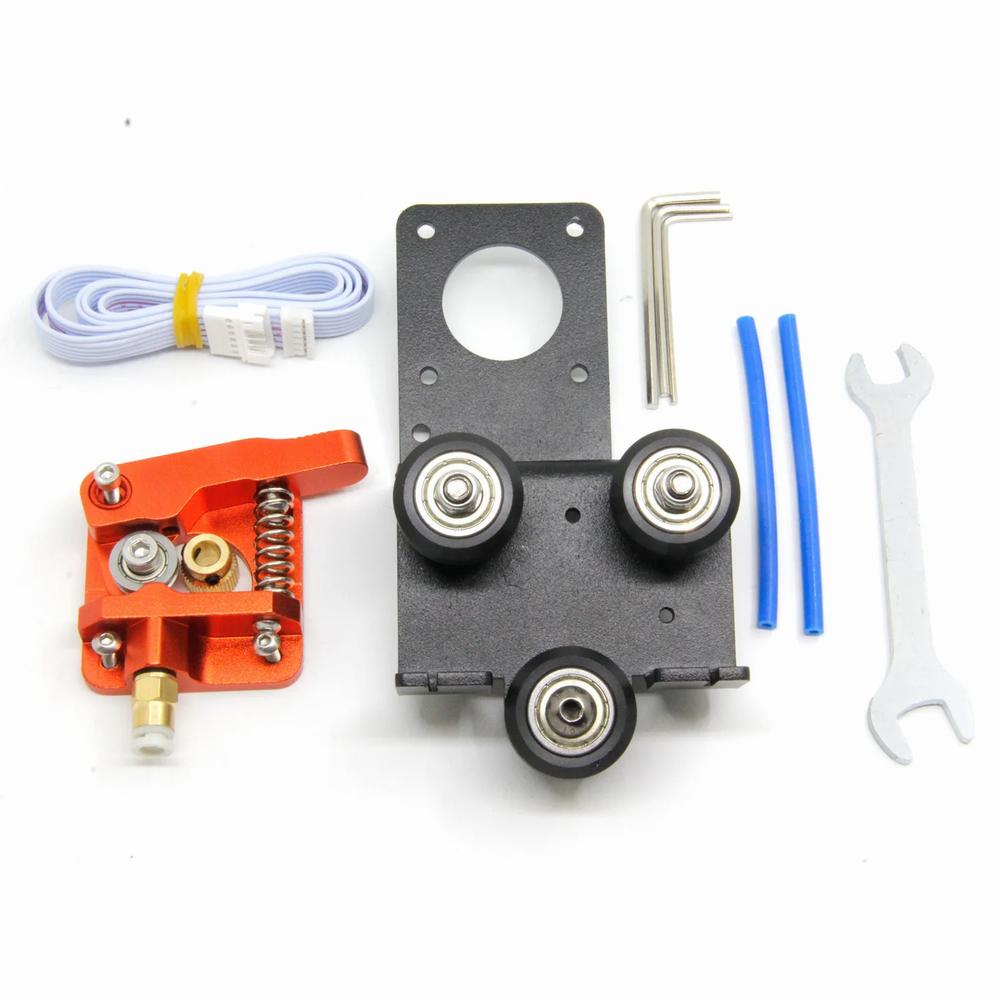 The image shows a metal extruder with a red body, a black idler, and a blue Bowden tube.