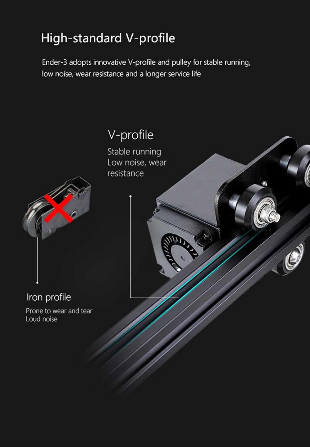 The image shows a comparison between the Ender-3s V-profile and the iron profile, highlighting the benefits of the V-profile such as stable running, low noise, wear resistance, and a longer service life.