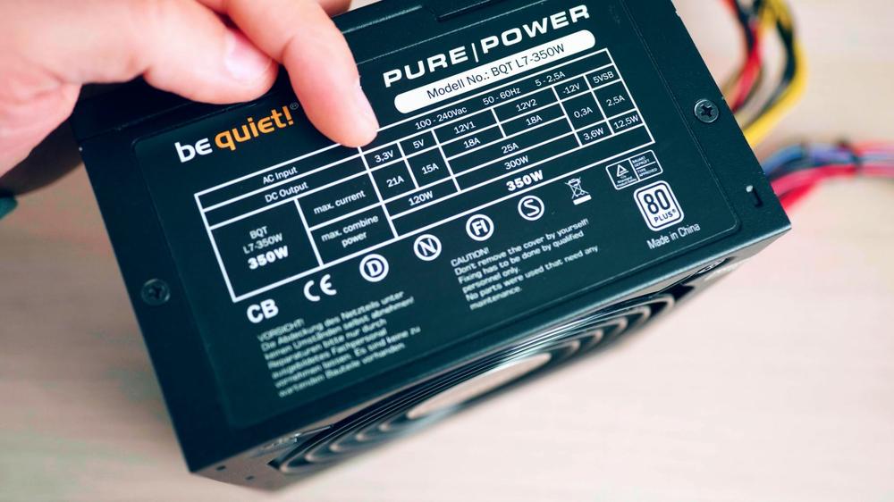 A close up of a be quiet! Pure Power L7 350W power supply unit.