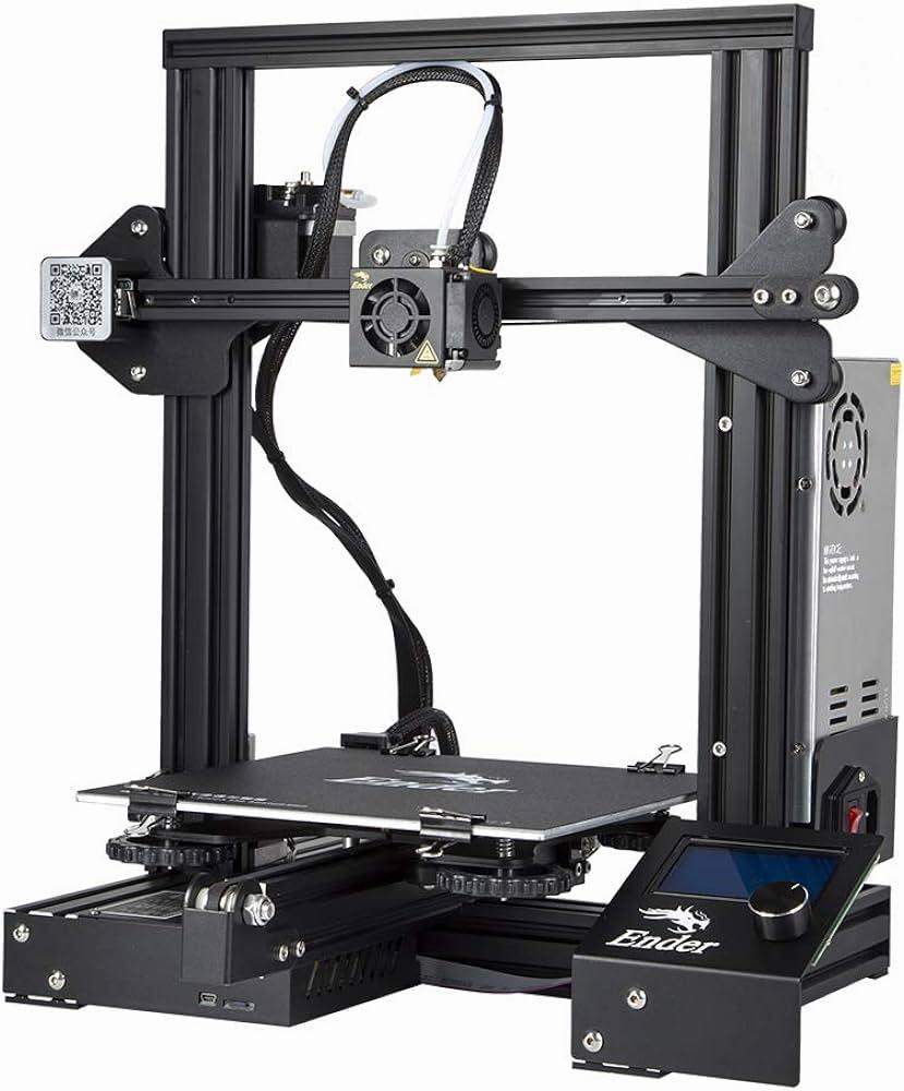 The image shows an open-frame 3D printer with a black metal frame and a black build platform.