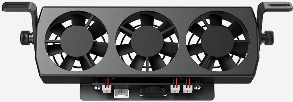 Three black cooling fans are mounted on a black metal frame.