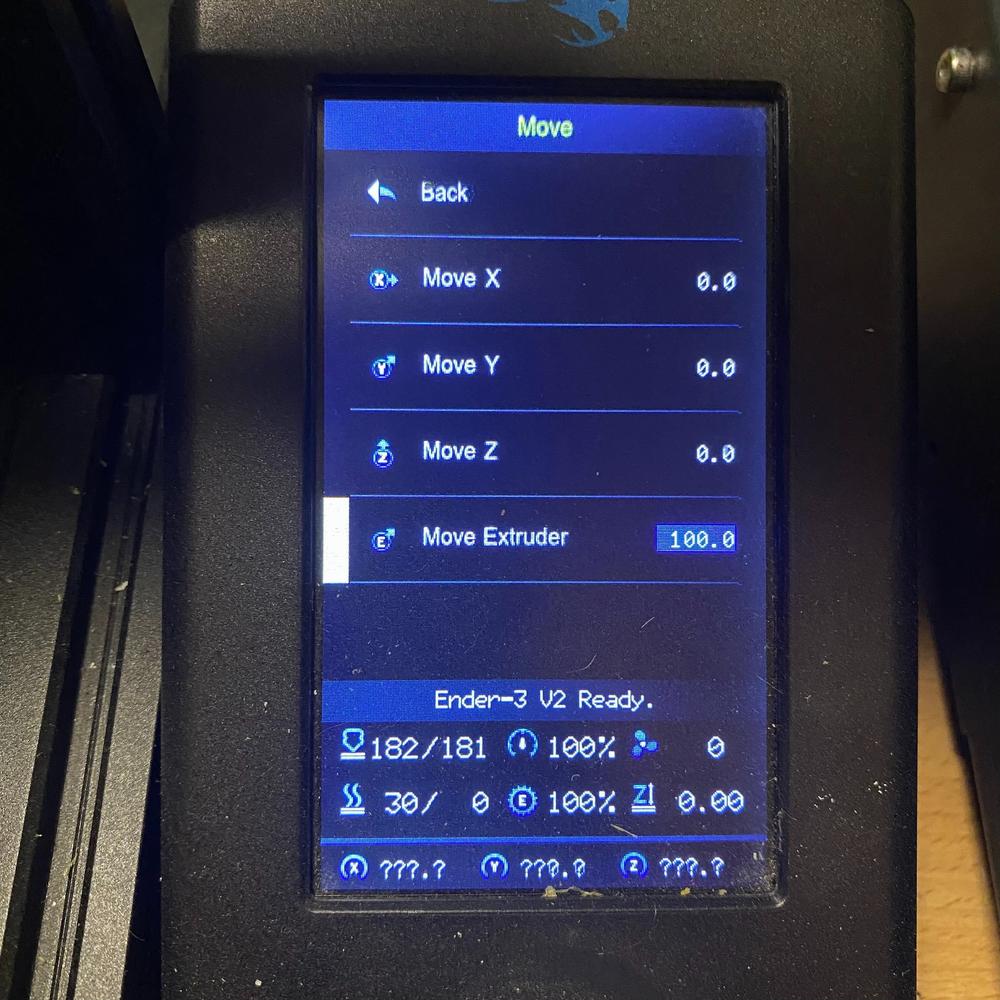A photo of a black and white display on a 3D printer showing the option to move the X, Y, Z, and extruder axes.