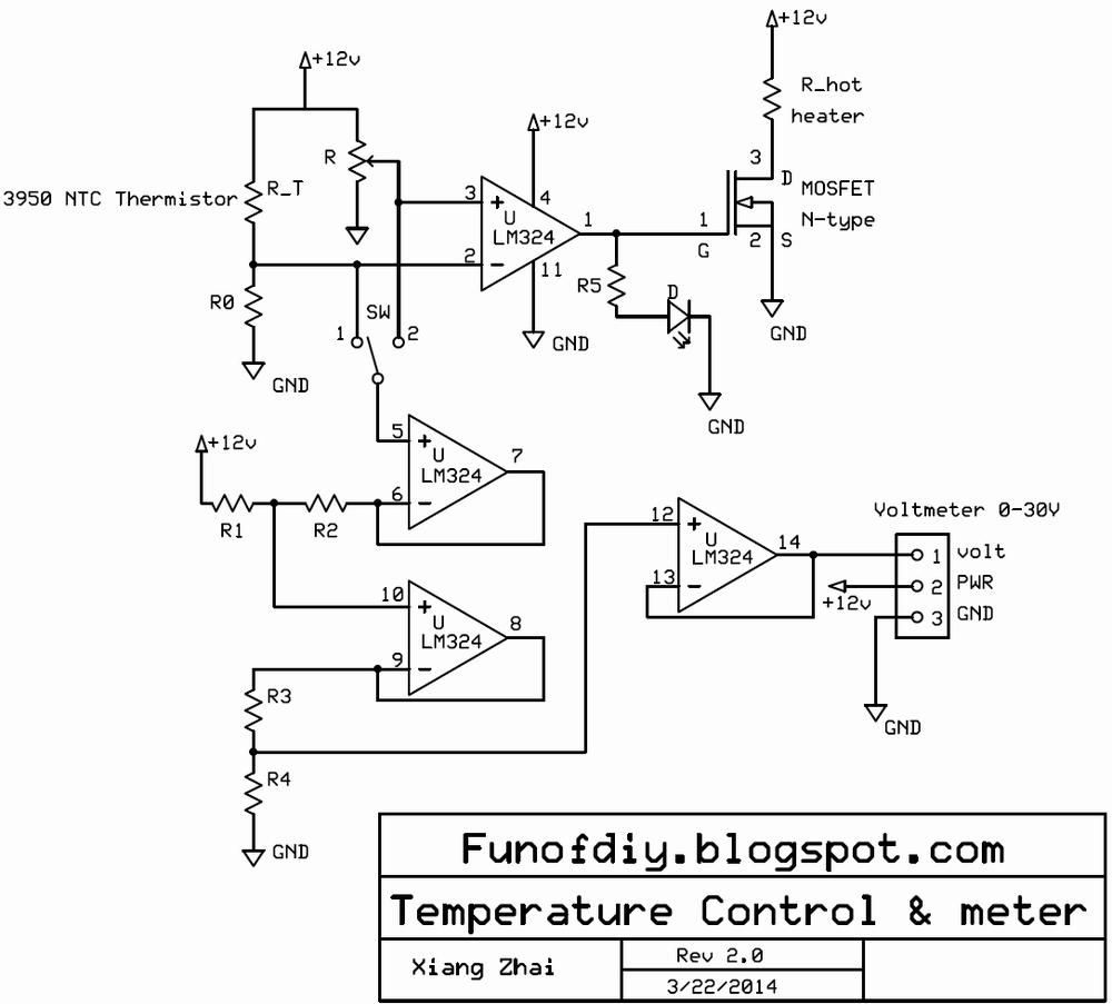 A schematic diagram of a temperature control circuit with NTC thermistor, MOSFET, and LM324 op-amp.
