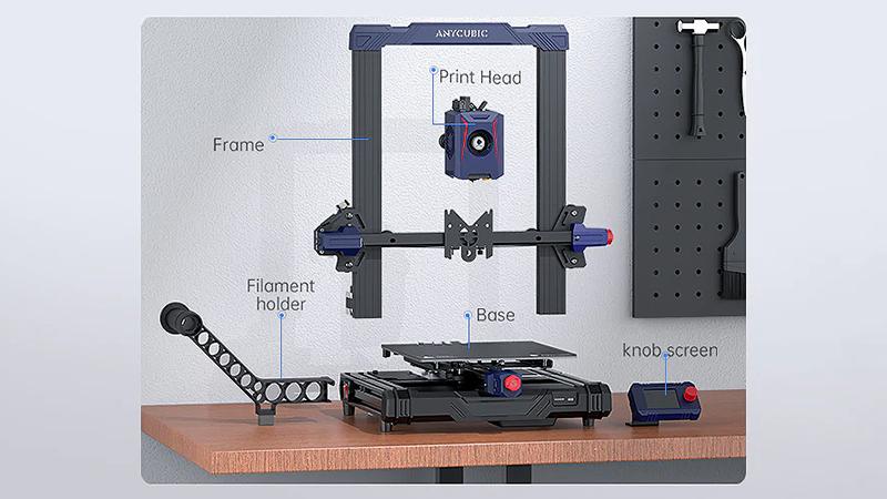 The image shows the components of an Anycubic Kobra 3D printer.