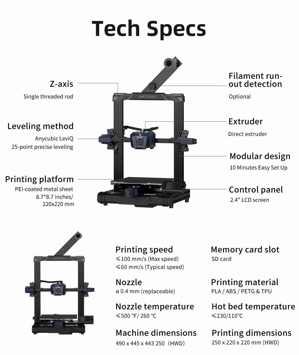 The image shows the technical specifications of the Anycubic Kobra 3D printer.