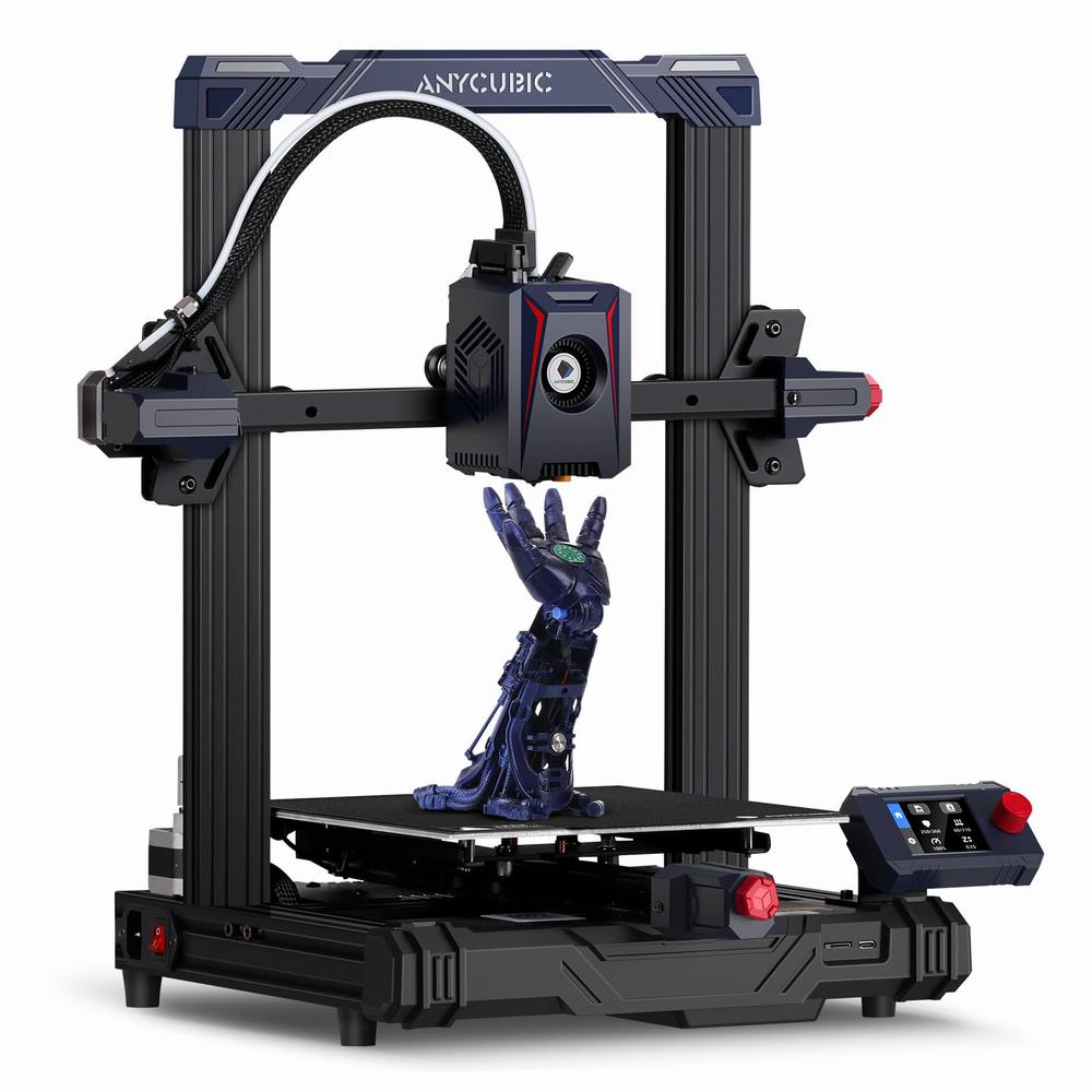 A 3D printer is printing a blue articulated hand.