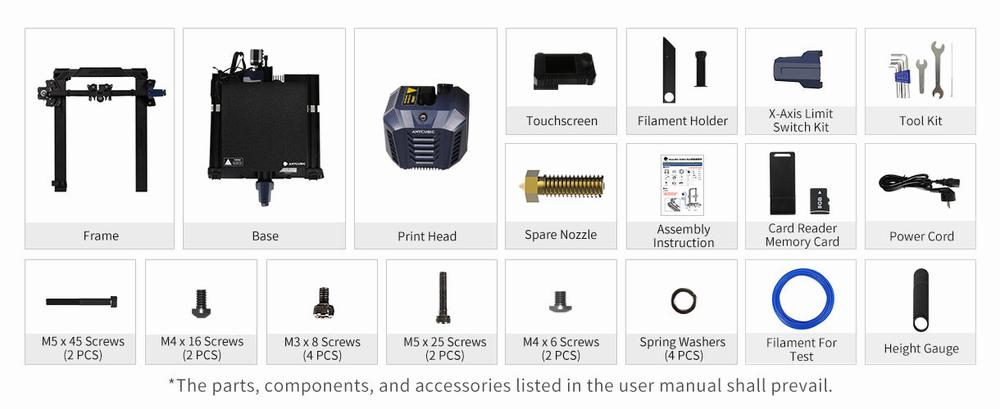 The image shows various parts and accessories of the Creality Ender-3 S1 3D printer.