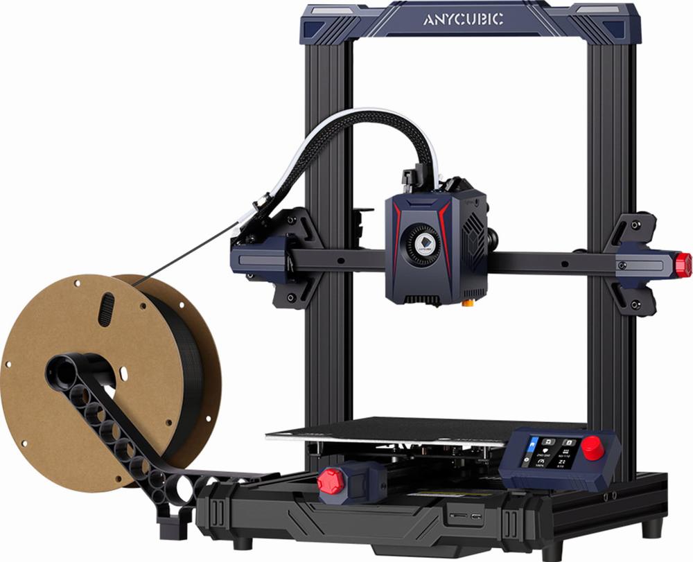 Black and blue Anycubic 3D printer with a spool of filament.